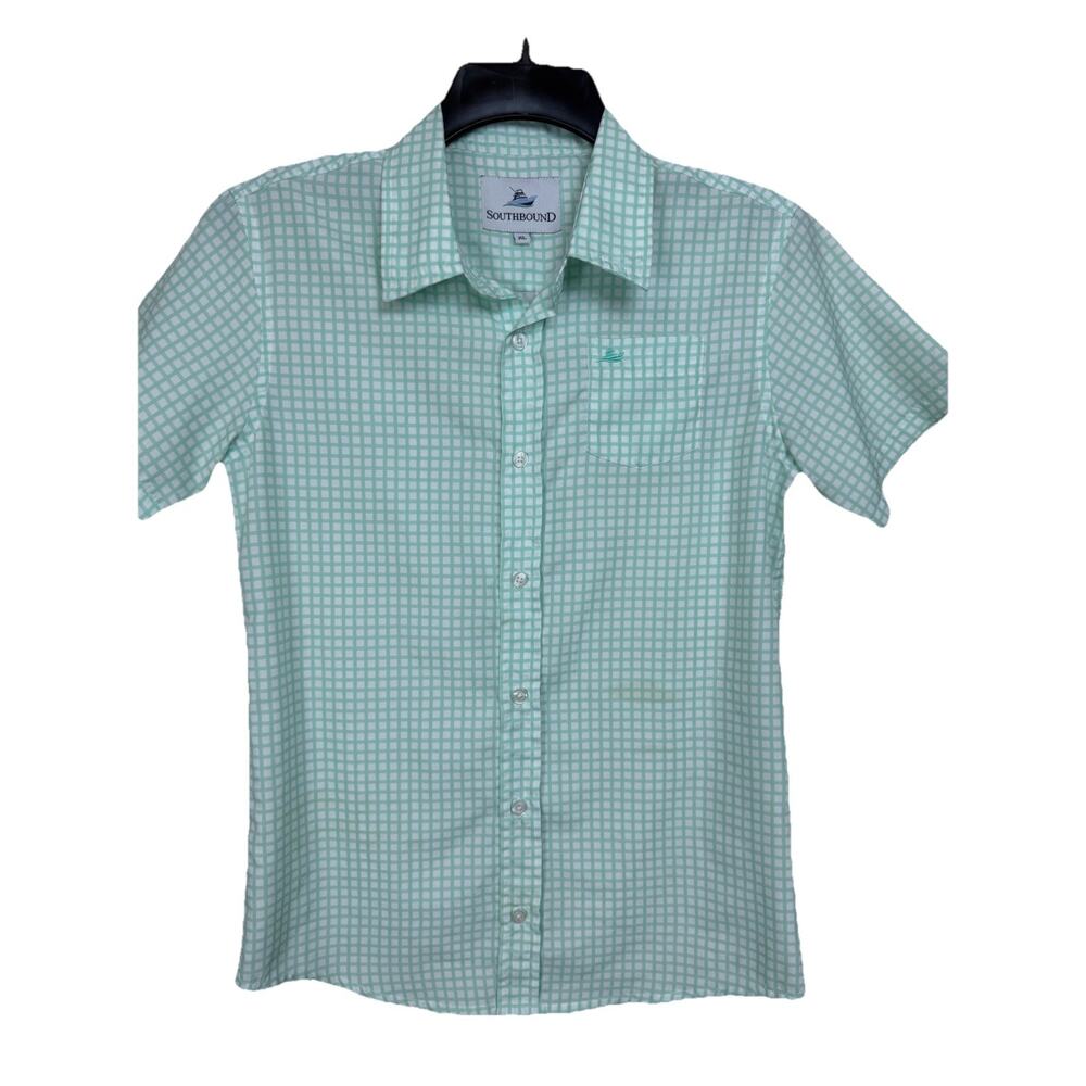 Southbound Boy's Button Up Shirt Short Sleeve Sz XL 14 Green white Checked